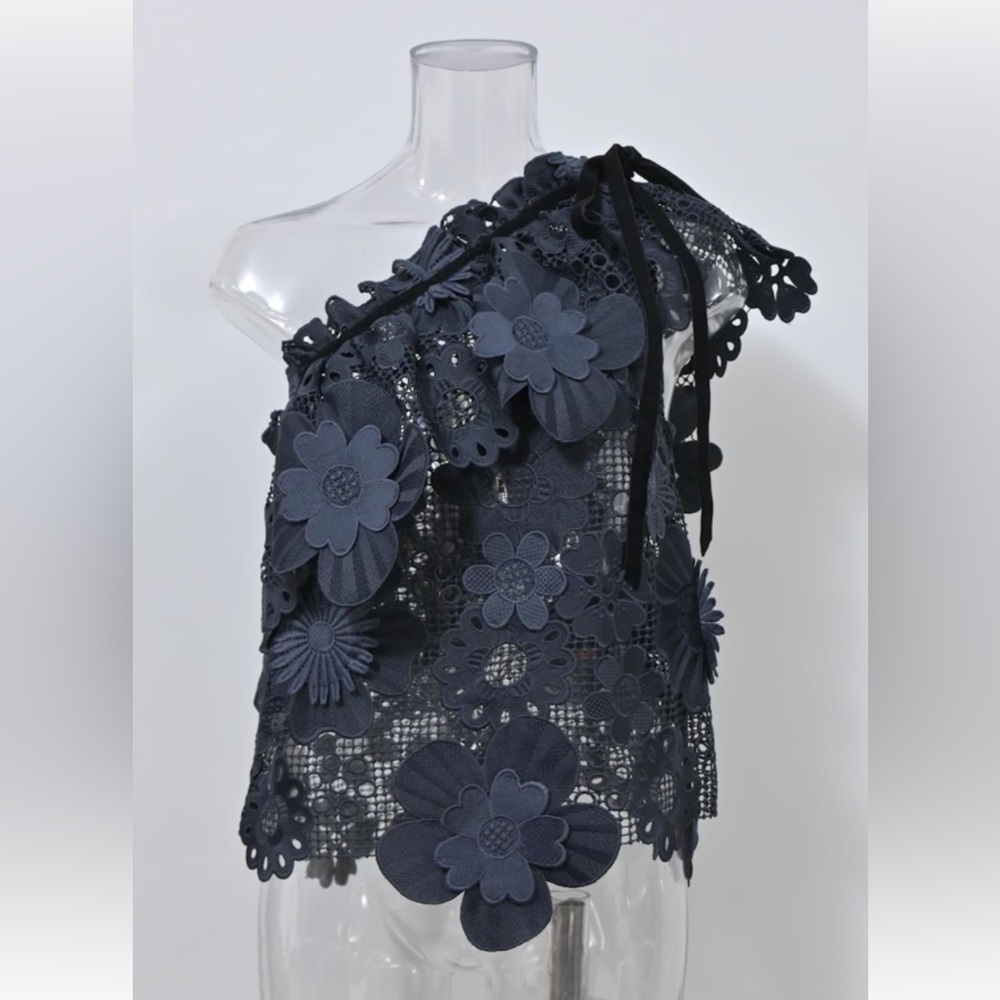 Self-Portrait Navy Blue Broderie Lace Top